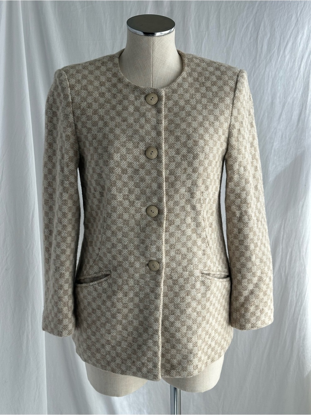 Vintage Wool-Blend Cream & Beige Checked Blazer/Jacket | Size Large